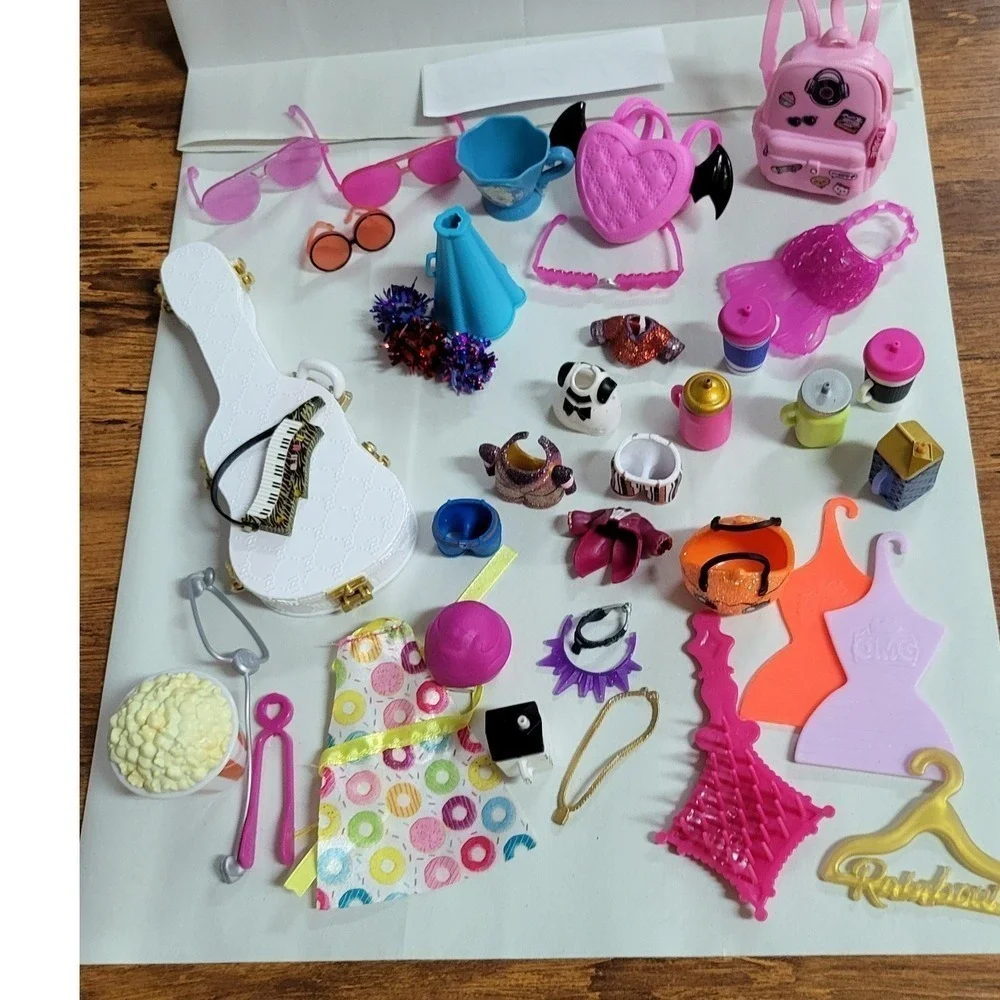 37 Barbie Doll Accessories Lot Clothes Shoes Purses Instruments and More